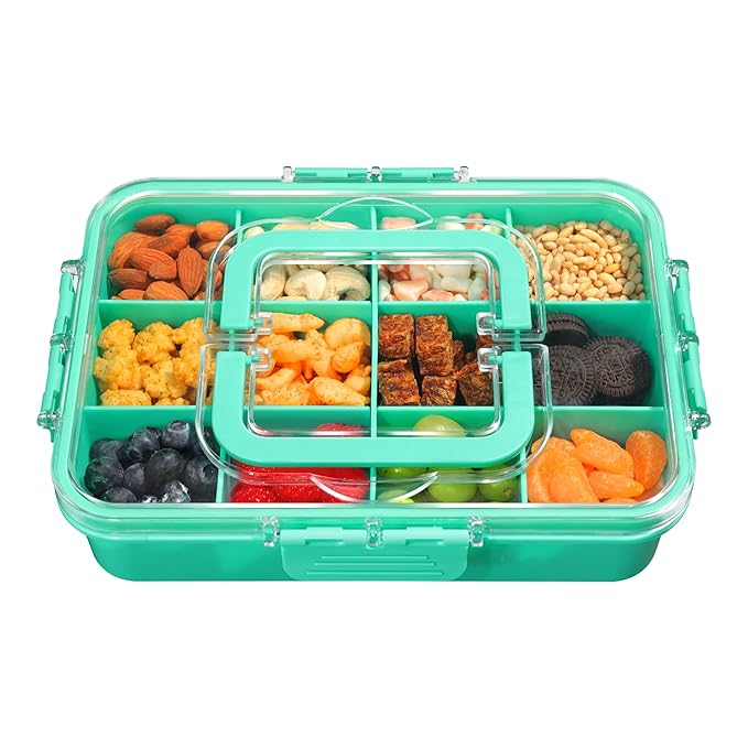 Snack Box Container for Kids - Adjustable 12-Compartment Snack Containers, Reusable Bento Box, Dishwasher Safe, BPA-Free, Perfect for School, Travel, Camping & Picnic, Green