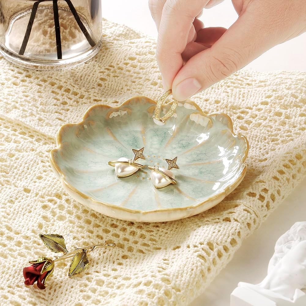 Lotus Ring Holder Dish Small Indoor Ash Tray, Ceramic Dessert Plate Trinket Jewelry Holder Organizing Necklace Earrings for Parents Friends Sister, Light Green. All Jewelries Are NOT Included.