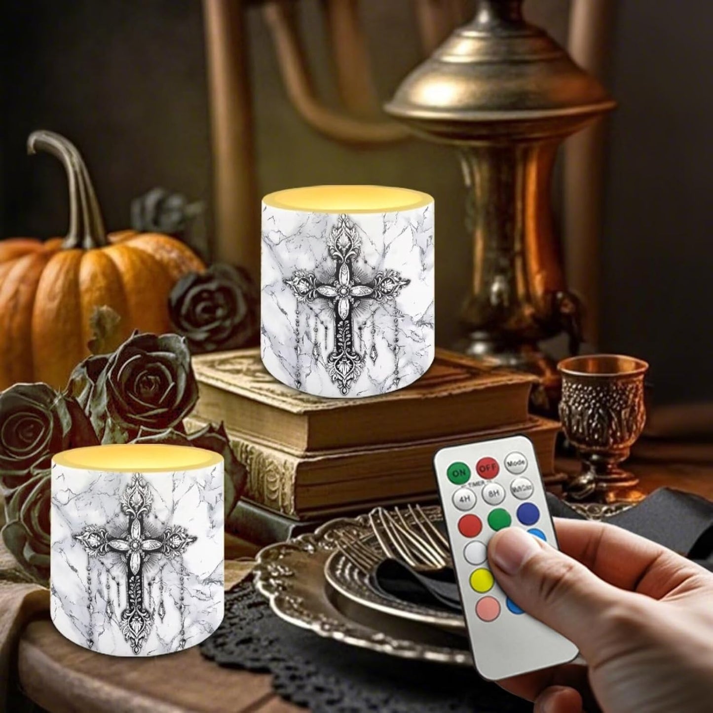 Poceacles LED Pillar Candles Set of 4 Flameless Plastic Night Lights with Remote and Timer Multi-Color Modes, Outdoor Indoor Battery Operated LED Pillar Candles, Cross Gray White Marble