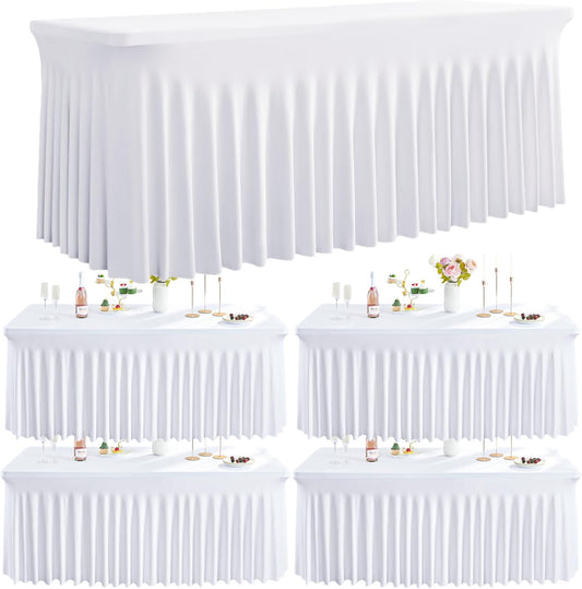 Outpain White Spandex Table Clothes for 8 Foot Rectangle Tables-4Pack 8FT Spandex Fitted Table Cover, Wrinkle Free