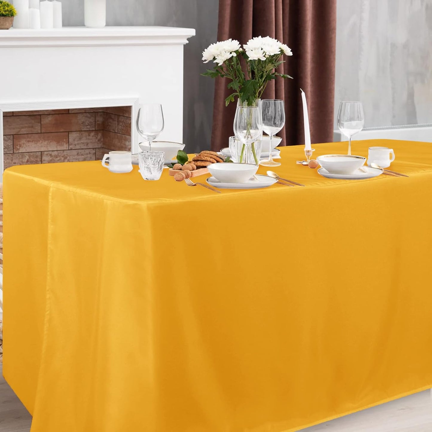 Obstal 2 Pack Table Clothes for 6 Foot Rectangle Tables - Water Resistant Washable Fabric Polyester Rectangle Table Cover Protector for Wedding, Banquet and Trade Shows, 72L x 30W x 30H Inches, Yellow