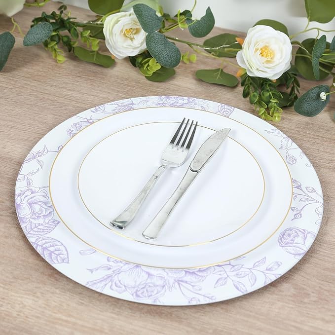 Efavormart 6 Pack Floral Acrylic Charger Plates in French Toile Pattern, Matte Lavender and White Round Dinner Charger Event Tabletop Decor - 13"