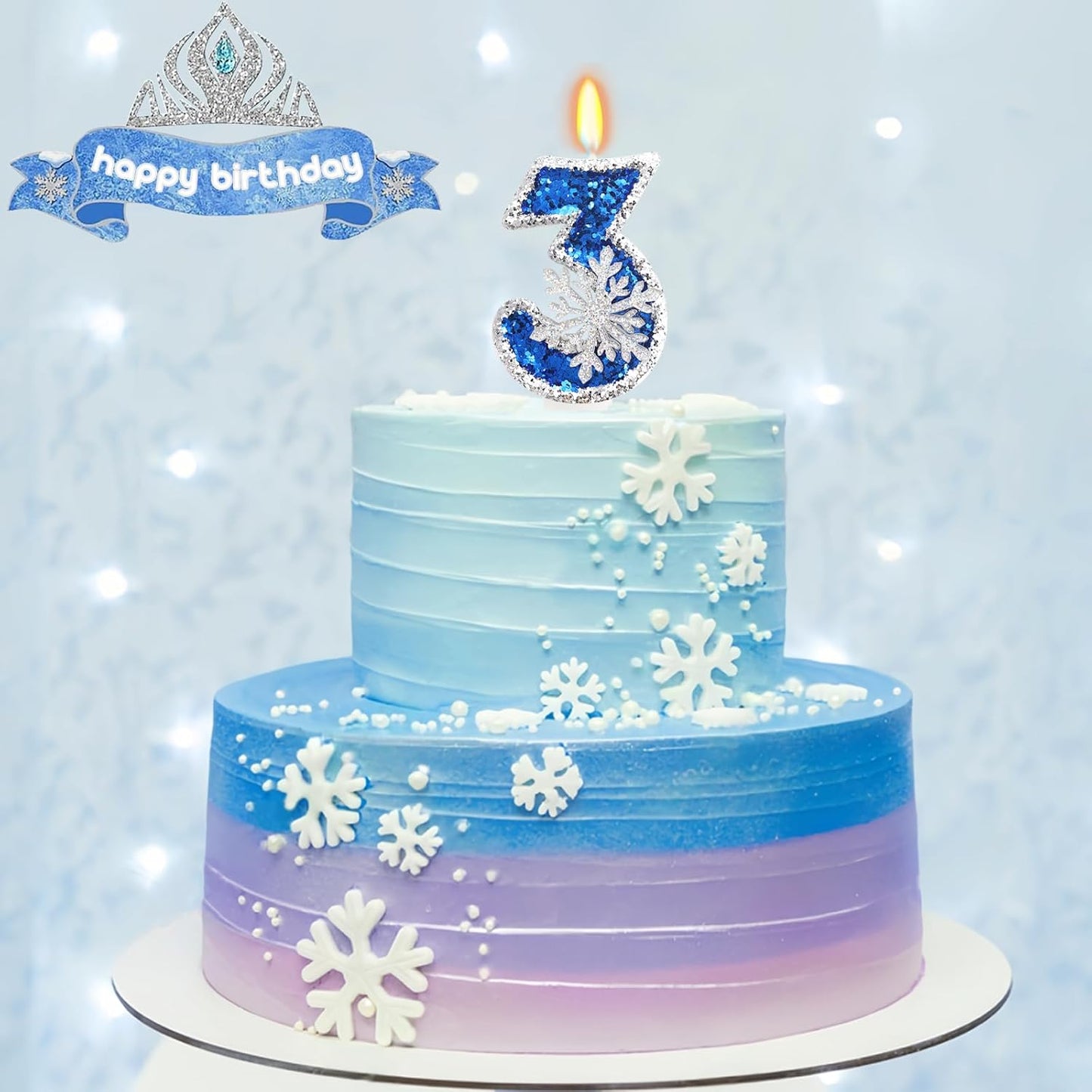 Frozen Themed Birthday Decorations, Snowflake Number 3 Candles for Kids Adults Birthday Party Supplies, 2.76 inch Glitter Cake Topper Decorations (Number 3)