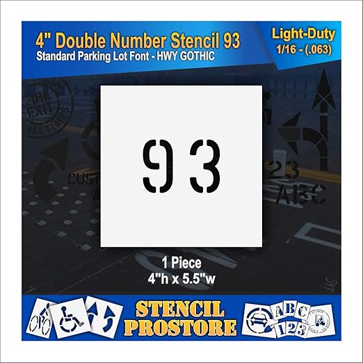 Pavement, Curb, and WheelStop Stencils - 4 inch Double Number Stencil - (93) - 4" x 5.5" x 1/16" (63 mil) - Light-Duty