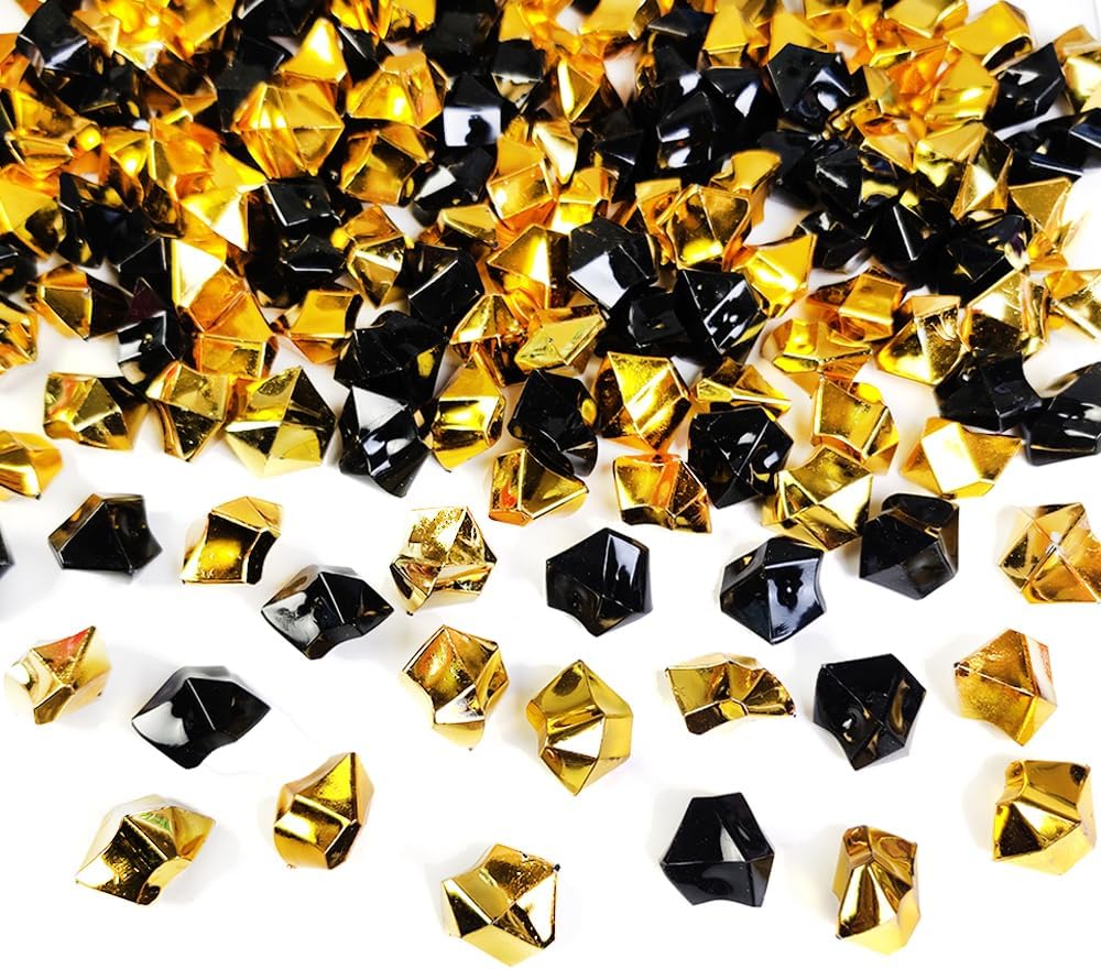 HappyFiller Party Decor Fall Christmas Decoration Fake Ice Rocks Acrylic Nuggets Gems Stones for Wedding Centerpieces Vase Fillers,Graduation Table Scatters,Home Accents,Gold Black,14 OZ