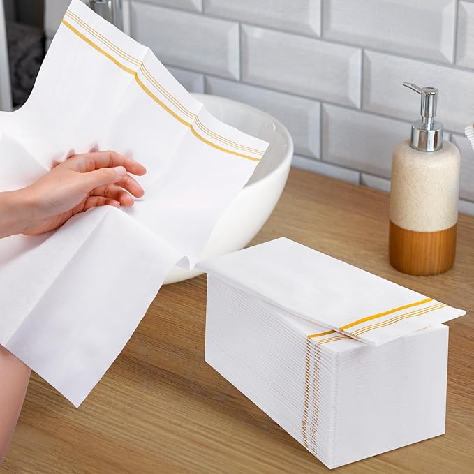 200 Linen Feel Paper Hand Towels for Bathroom, Disposable Guest Towels, Soft and Absorbent Paper Towels Napkins Bulk for Dinner Parties Kitchen Wedding Graduation, 12" x 17"(Gold Trim Lined)