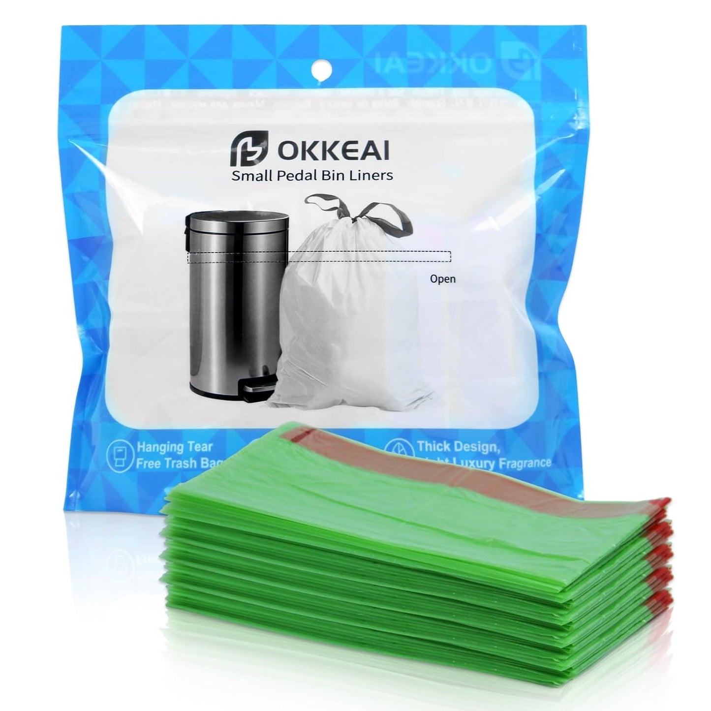 OKKEAI 2.6 Gallon Drawstring Trash Bags, 60 Count Small Green Bathroom Garbage Bags, Heavy Duty Tear-Resistant & Leak-Proof Wastebasket Liners for Kitchen, Bathroom, Office