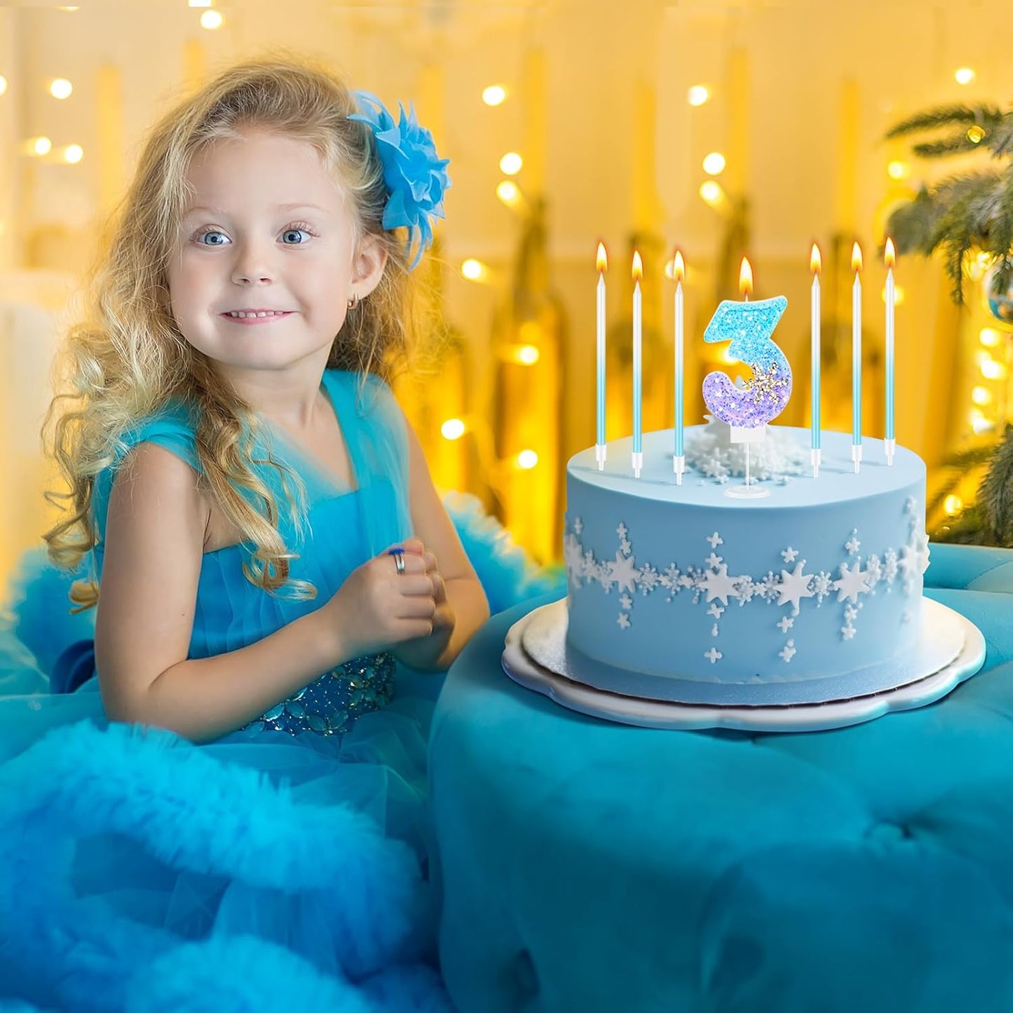 MTLEE Number 3 Birthday Candle Blue Snowflake with 6 Long Thin Cupcake Candles Blue Sparklers Glitter Number Happy Birthday Cake Topper Decorations for Winter Party Supplies