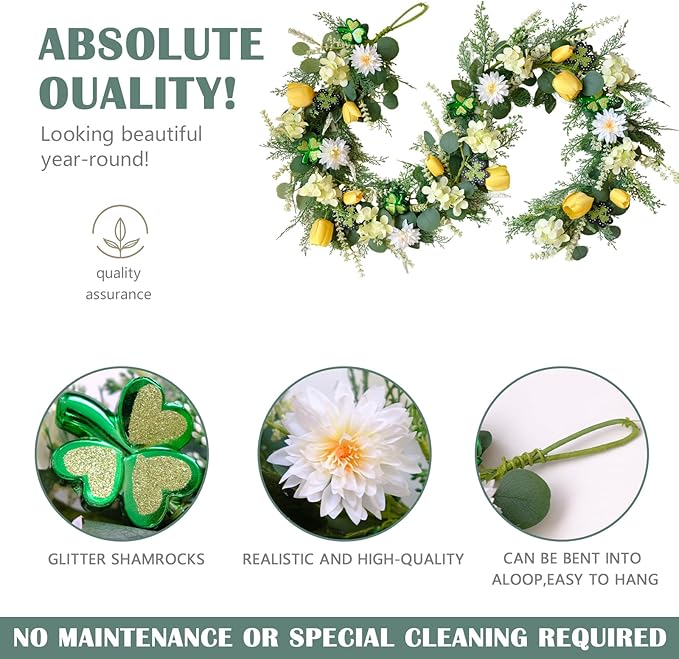 TEMPUS 6Ft Spring Artificial Eucalyptus Garland with Tulip, Hydrangea & Shamrock - St. Patrick's Day and Spring Decor Greenery for Mantle Table Centerpiece Wedding Baby Shower Party