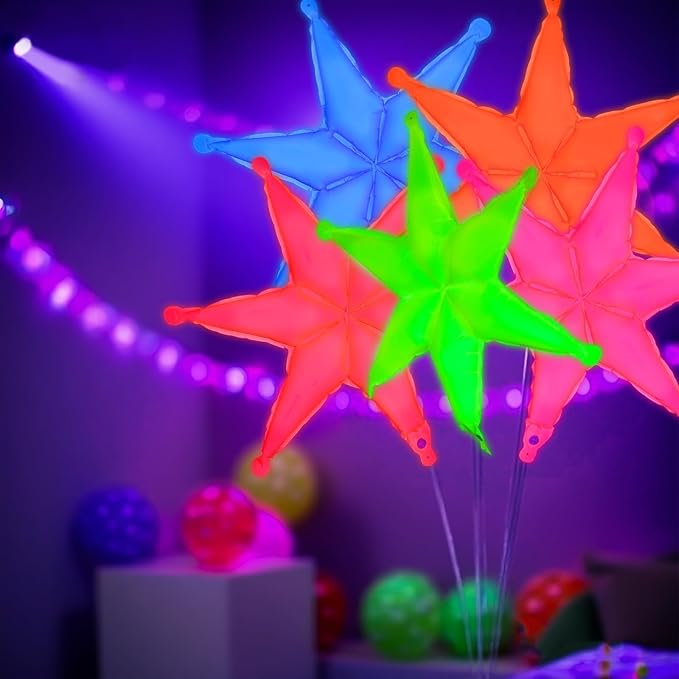 Mega-L Glow in the Dark Party Supplies, 5 Pcs Neon Hexagram Balloons Set – Fluorescent Red, Lemon Yellow, Fuchsia, Blue and Orange Balloons Perfect for Birthday, Wedding, Anniversary, Graduation Party