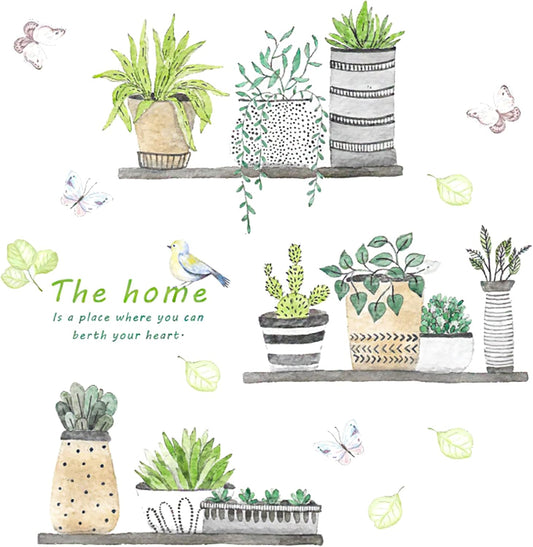 2 Set Plant Wall Decals Kitchen Wall Stickers Wall Decor Murals for Bathroom Bedroom Living Room Wall Art Decal Boho Hanging Shelves Tree Wall Decal Room Decor 3D Wall Art Decoration Peel and Stick