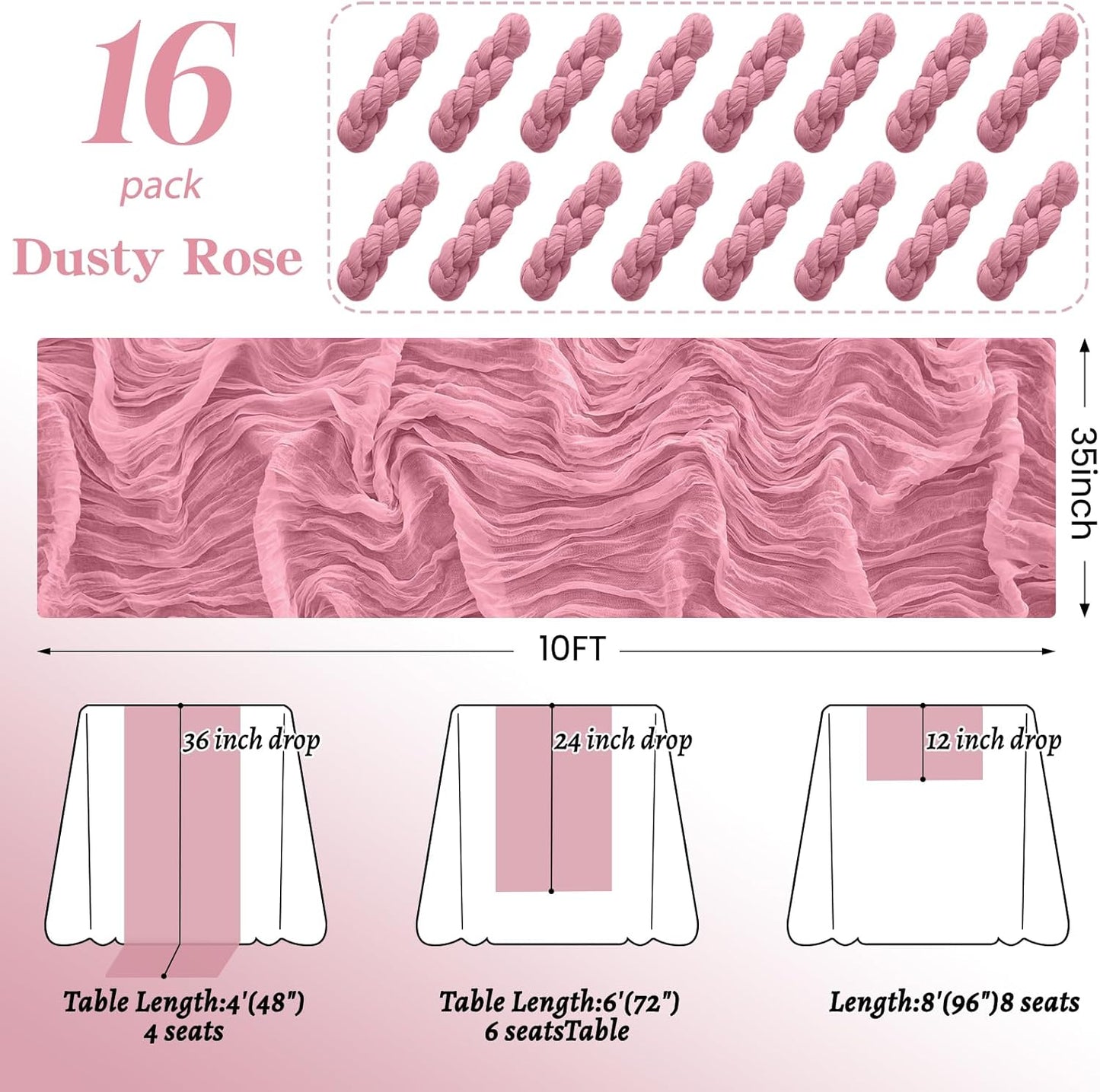 16Pack Dusty Rose Cheesecloth Table Runner 10FT Gauze Cheese Cloth Table Runner 35x120Inch Long Boho Spring Easter Table Runners Rustic Sheer Table Runners for Wedding Baby Shower Bridal Shower Decor