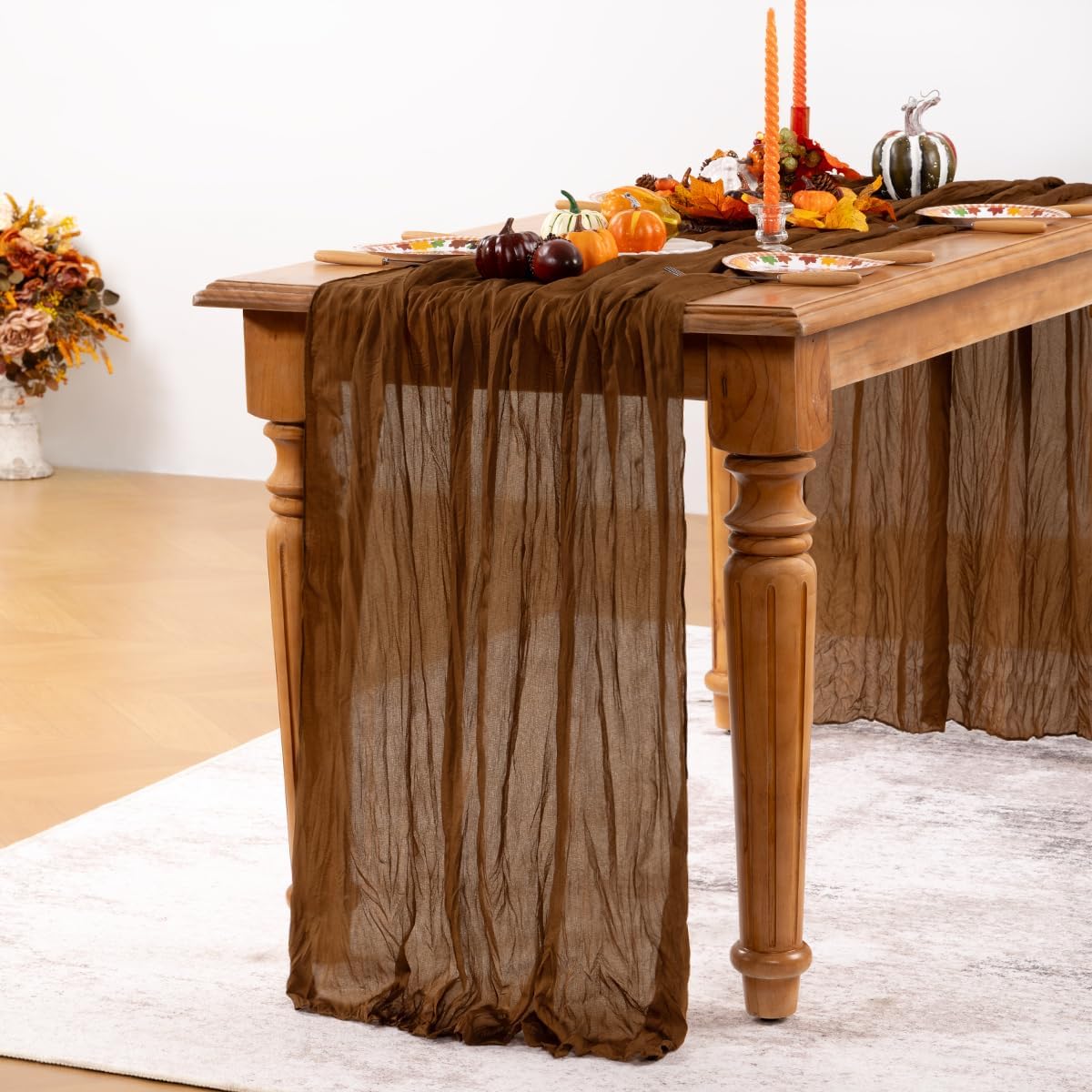 Brown Cheesecloth Table Runner Tan 10 Pack Fall Table Runners Boho Gauze 120 Inches Marron Cheese Cloth Fall Table Decorations for Thanksgiving Wedding Bridal Baby Shower Tea Party Decor