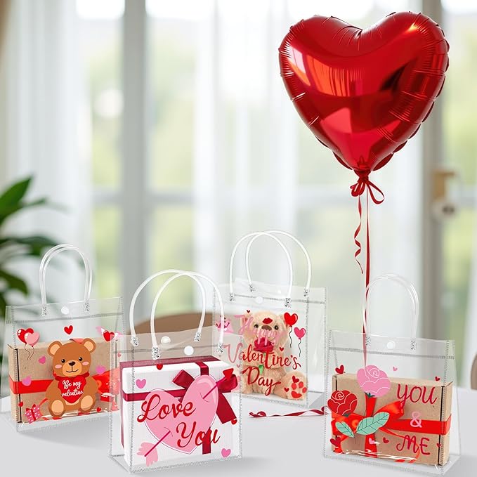 H1vojoxo Valentine's Day Gift Bags - 24PCS Happy Valentine's Day Clear PVC Gift Bags with Handle 7.9x3.2x7.9 Inches Reusable Valentines Candy Goodie Bags for Classroom Kids Gift Exchange Party Favors