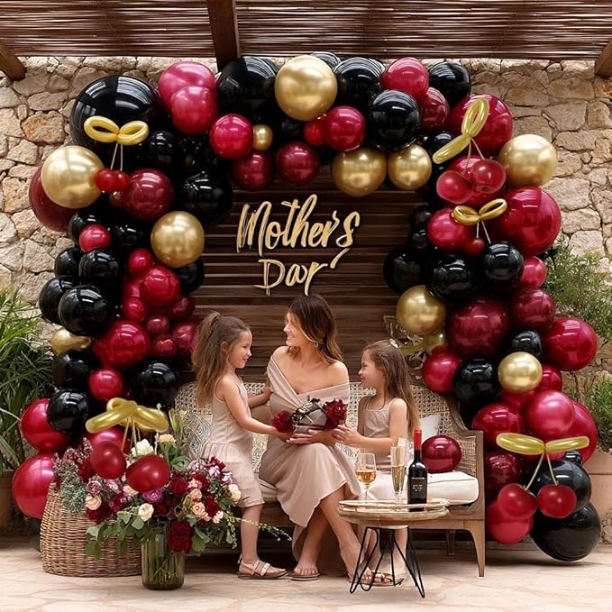 Burgundy Black Balloon Arch Double Stuffed Dark Ruby Red Gold Maroon Black Balloon Garland Kit for Birthday Wedding Bridal Shower Mothers Day Graduation Engagement Cherry Anniversary Party Decor