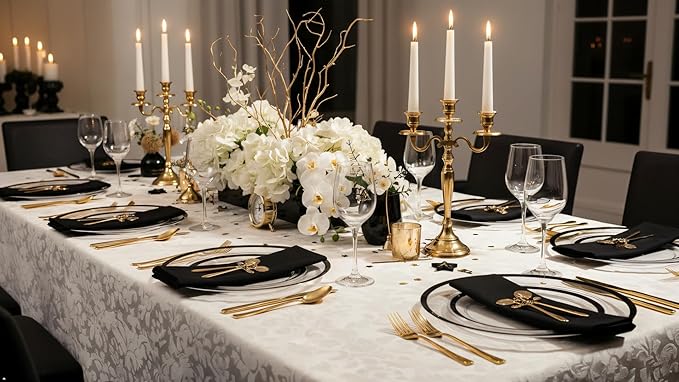 supernal Elegant Disposable Plates, 120-Pack Black Plastic Plates, Clear and Black Heavy Duty BPA-Free Plastic Dinnerware Set for 60 Guests Perfect for Wedding, Upscale Parties & Catering