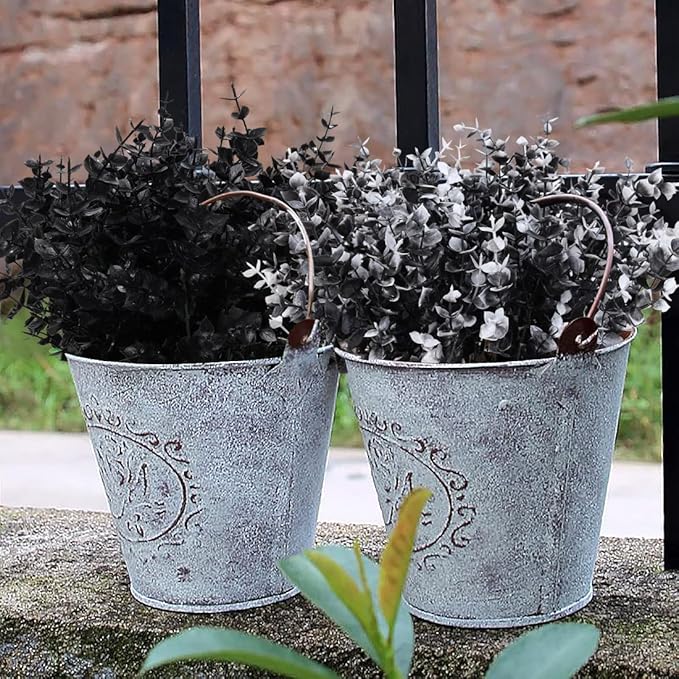 RECUTMS Black Artificial Flowers, 12 Pcs Fake Outdoor UV Resistant Plants Faux Plastic Greenery Shrubs Indoor Outside Hanging Planter Flower Decoration, Garden Decor (Black+White Eucalyptus)