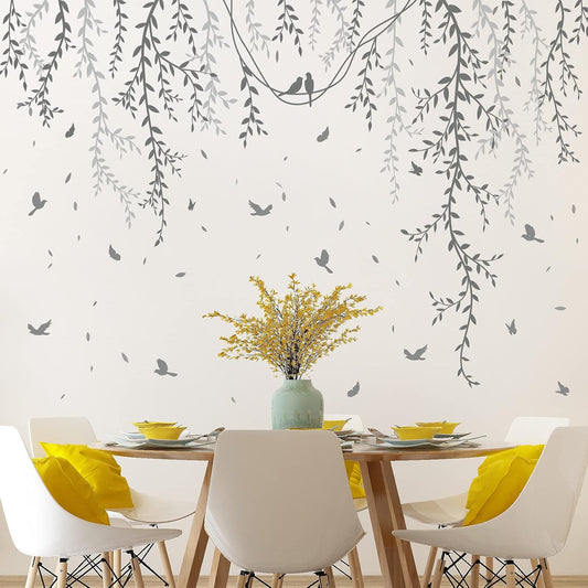 Hanging Willow Branch Wall Stickers DIY Grey Vine Leaf Plant Wall Decals Peel and Stick Grass Birds Butterfly Art Mural Decortions for Kids Baby Girls Nursery Bedroom Living Room Offices Classroom
