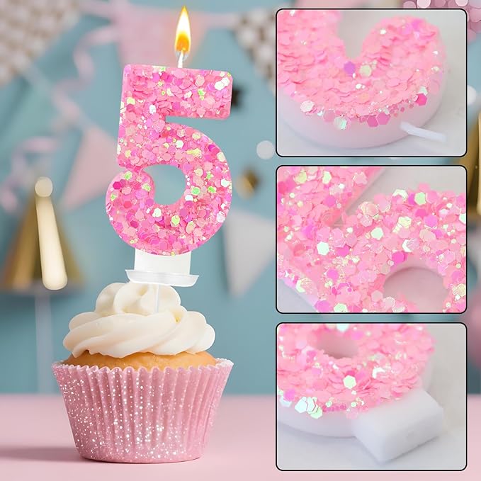 Zailo Birthday Number Candles, Glitter Number Candle Cake Decorations with Sequins, Cupcake Decorations for Girls, Women, Party Anniversary Celebrations (Number 5, Light Pink)