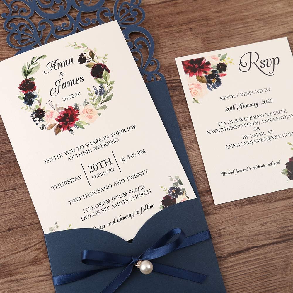 5X7.2 Inch 50PCS Personalized Laser Cut Navy Blue Wedding Invitations with RSVP Cards and Envelopes, Wedding Invitation Cards with Ribbon Belly Band Pearl Embellishments