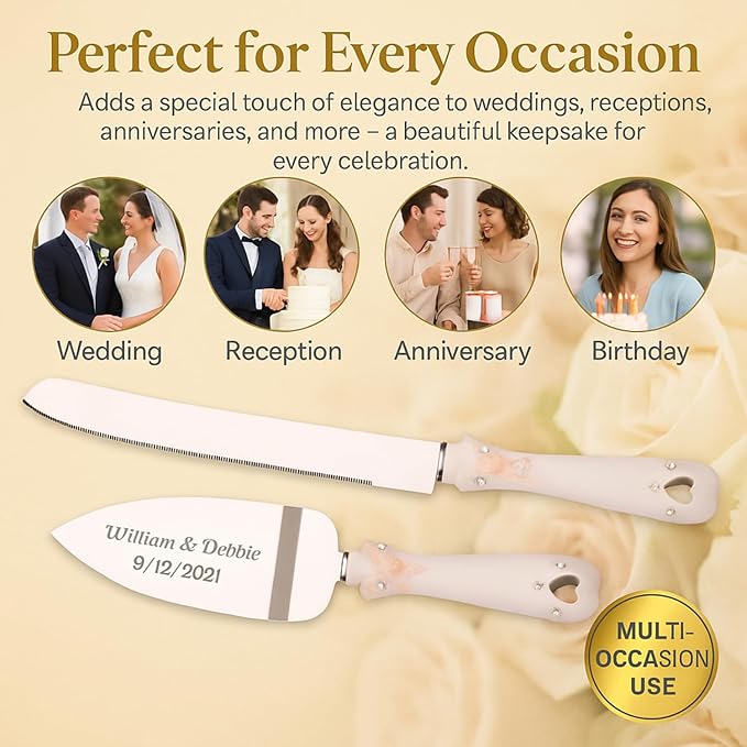 GIFTS INFINITY Personalized Wedding Cake Knife and Server Double Heart Set Free Engraving, Bridal & Baby Shower, Anniversary, Birthday, Engagement, Sweet Sixteen - Valentine's Day Gift