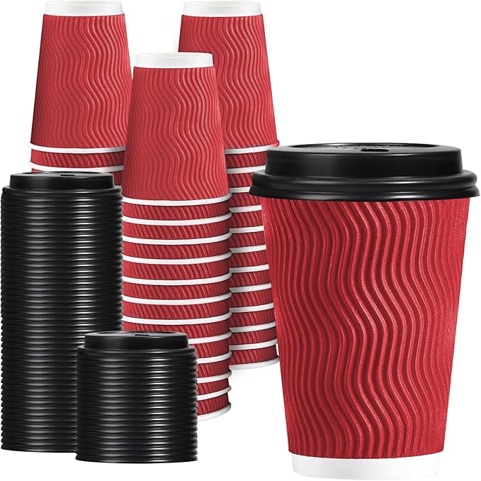 Lamosi 12 OZ Disposable Coffee Cups with Lids 50 Pack, Paper Insulated Corrugated Ripple Wall Cup for Hot Beverages (Red)