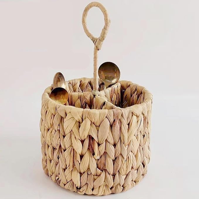 Wicker Flatware Organizer Kitchen Utensil Organizer Woven with Handle Cutlery Holder Divided Utensil Holder for Party Spoons