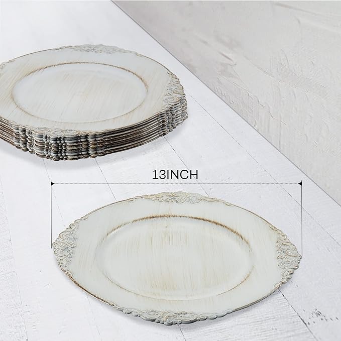 MAONAME Antique White Charger Plates, Round Plate Chargers for Dinner Plate, 13" Plastic Charger for Plates, Wedding Table Setting, Set of 12