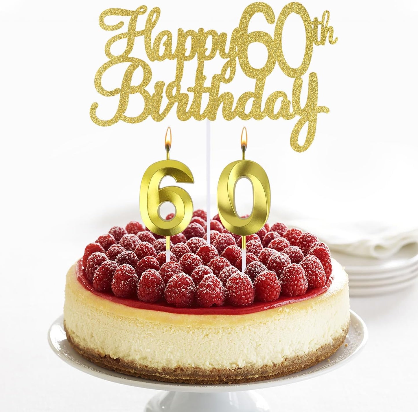 Happy 60th Birthday Cake Topper + 60 th Birthday Candles, 60 Cake Topper, Number 60 Candles, Happy 60th Birthday Cake Decorations, 60 Birthday Decorations for Men and Women (60)