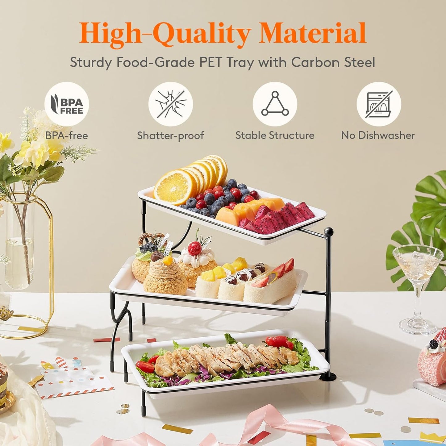 Lifewit 3 Tier Serving Tray, 12" x 6.5" White Plastic Tiered Food Serving Platters, Rotatable Tiered Tray Stand for Party with Black Collapsible Metal Stand, Dessert Table Stands for Cookies, Crackers