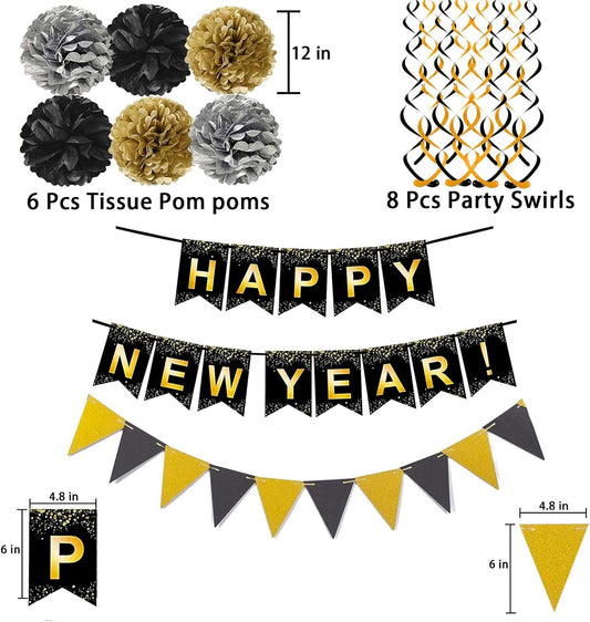 Happy New Year Set Black Banner with Gold Black Paper Flag Bunting Swirl Streamers & Pom Poms for Happy New Year Party Decorations