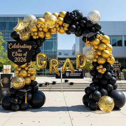 BalloonExpert 115Pcs Black Gold Graduation Balloon Arch Kit – GRAD Garland with Foil Letters & Star Balloons for Class of 2026