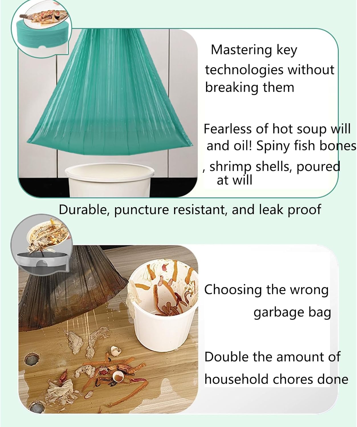 2.6 Gallon Strong Trash Bags,Double-Sided Thickening （0.96Mil),No-tear Small Drawstring Garbage Bags for Bathroom,Kitchen Trash Bags, Leak-Proof Design,Light Luxury Bag (Green White 300 Counts)