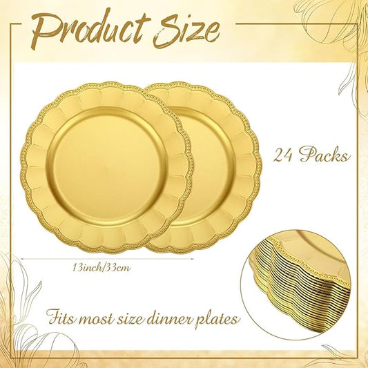 24 Pack Metallic Charger Plates 13inch Round Elegant Serving Plates Plastic Disposable Chargers Bulk Dinnerware Set for Dinner Wedding Party Events Catering Decoration (Gold,Scalloped Rim)