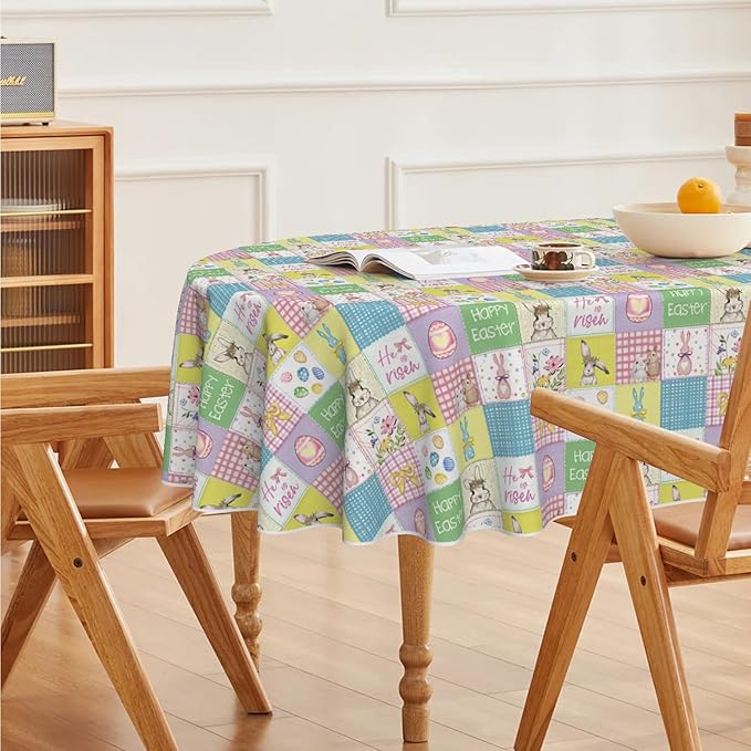 Horaldaily Easter Tablecloth 60×84 Inch Oval, Plaid Bunny Rabbits Easter Egg Anemone Bowknot Colorful Washable Seasonal Table Cover for Party Picnic Dinner Decor
