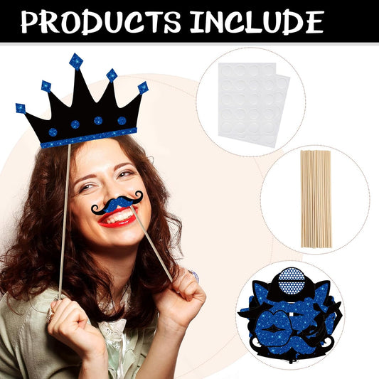 Zonon 24 Pieces Funny Photo Booth Props:Halloween,Christmas,Family Reunion, Class Reunion, Birthday, Weddings, Prom Disco Mardi Gras Party Supplies - Mix of Hats, Lipstick, Tie(Blue and Black)