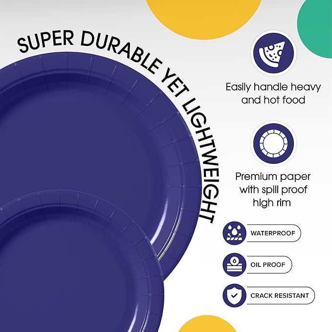 Exquisite Navy Paper Plates Disposable Heavy Duty 100 Pcs - 50-7" & 50-9" Navy Disposable Plates For Party Heavy Duty Paper Plate 350 GSM Birthday Party Supplies Plate Set