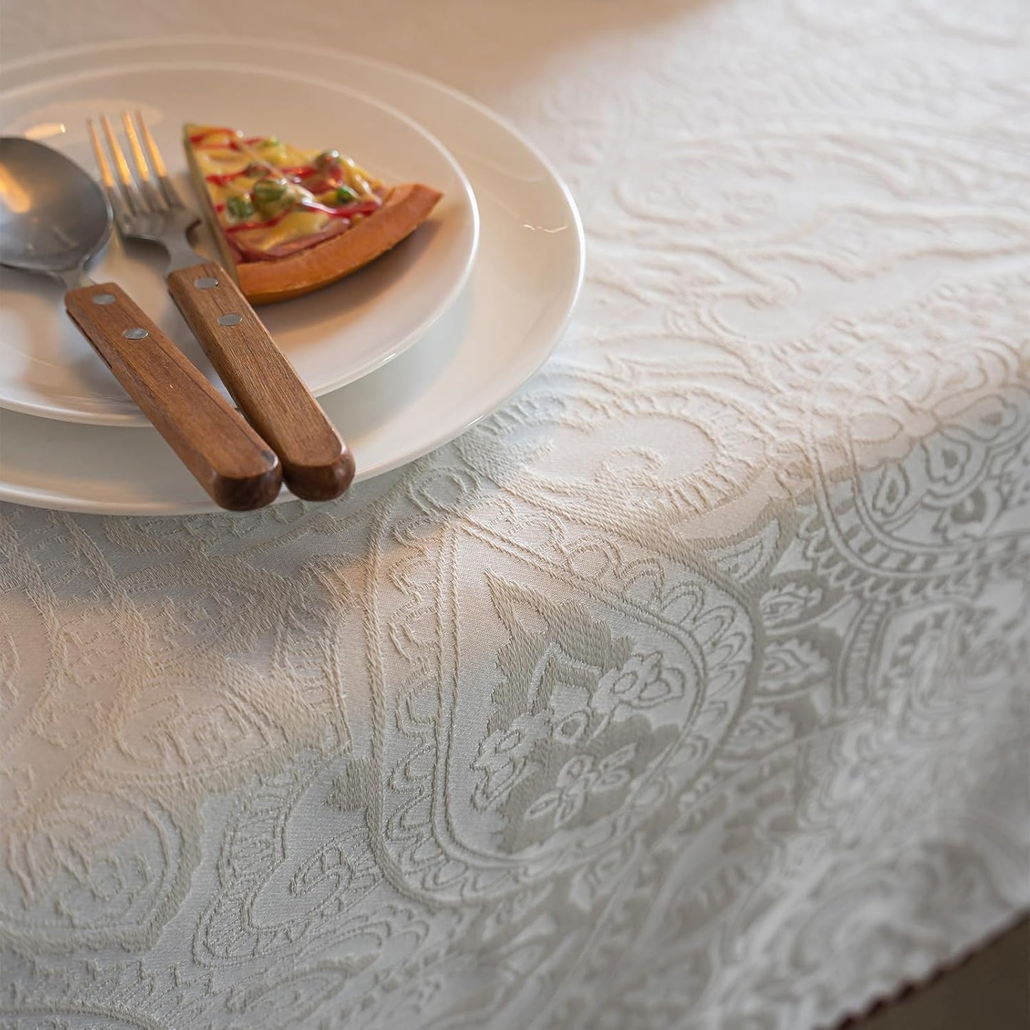 ENJOYBRIDAL Off White Paisley Tablecloth - 60 x 120 in - Cream Rectangle Table Cloth Waterproof Jacquard Camping Picnic Table Cover 10-12 Seats Dining Room Boho Polyester Washable Furniture Protector