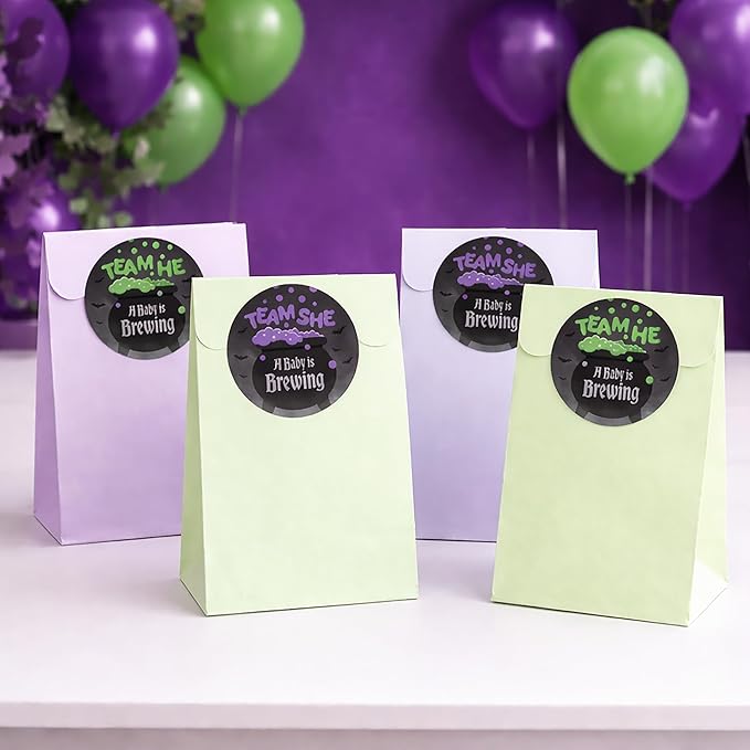 Baby is Brewing Halloween Gender Reveal Party - Bubbling Witch Cauldron Team He or Team She - 40 Stickers - Purple Green