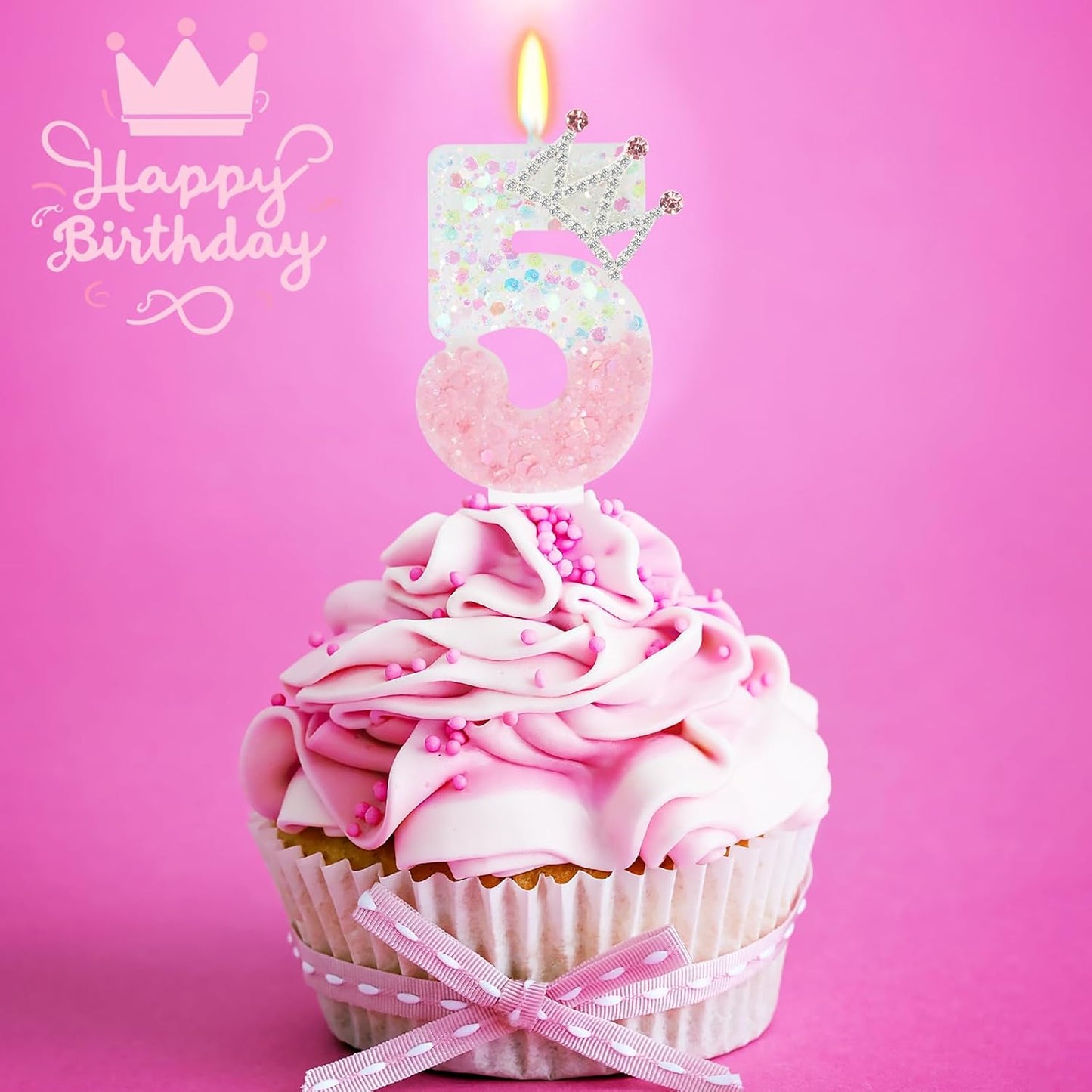 Pink White Number 5 Candle, Glitter Crown Cake Topper, Princess Birthday Party Decorations for Girls and Women Anniversary Celebrations Party Favors
