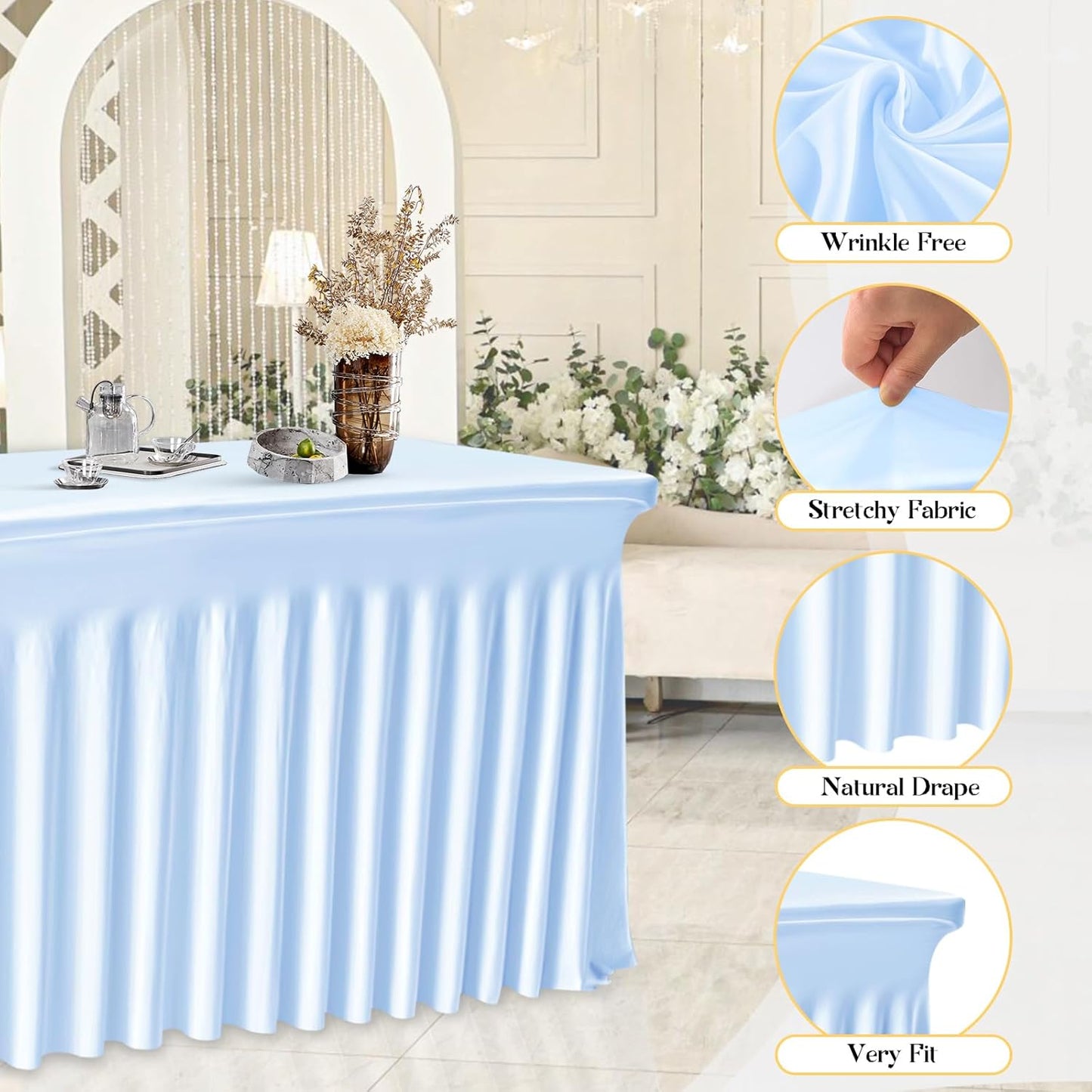 60 Inch Baby Blue Rectangle Tablecloth, 2 Pack Wrinkle-Resistant Fitted Table Cover with Elastic Edge, Washable Dining Table Cloth for Kitchen, Party, Wedding, Buffet, Baby Shower