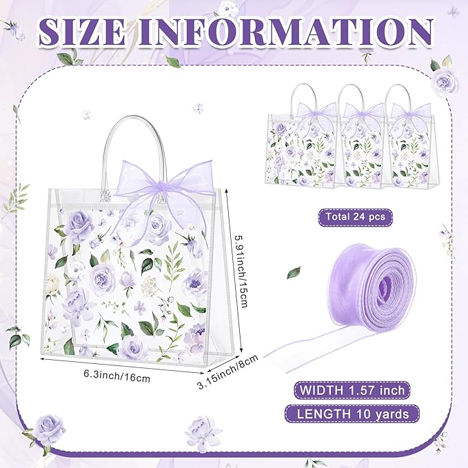 Wesnoy 24 Pcs Clear Floral Gift Bags with Handles Rose Purple Flower PVC Treat Tote Bag for Tea Birthday Party Wedding Bridal Shower Bachelorette Anniversary Engagement Guests, 7.8 x 7.8 x 3.2 Inch