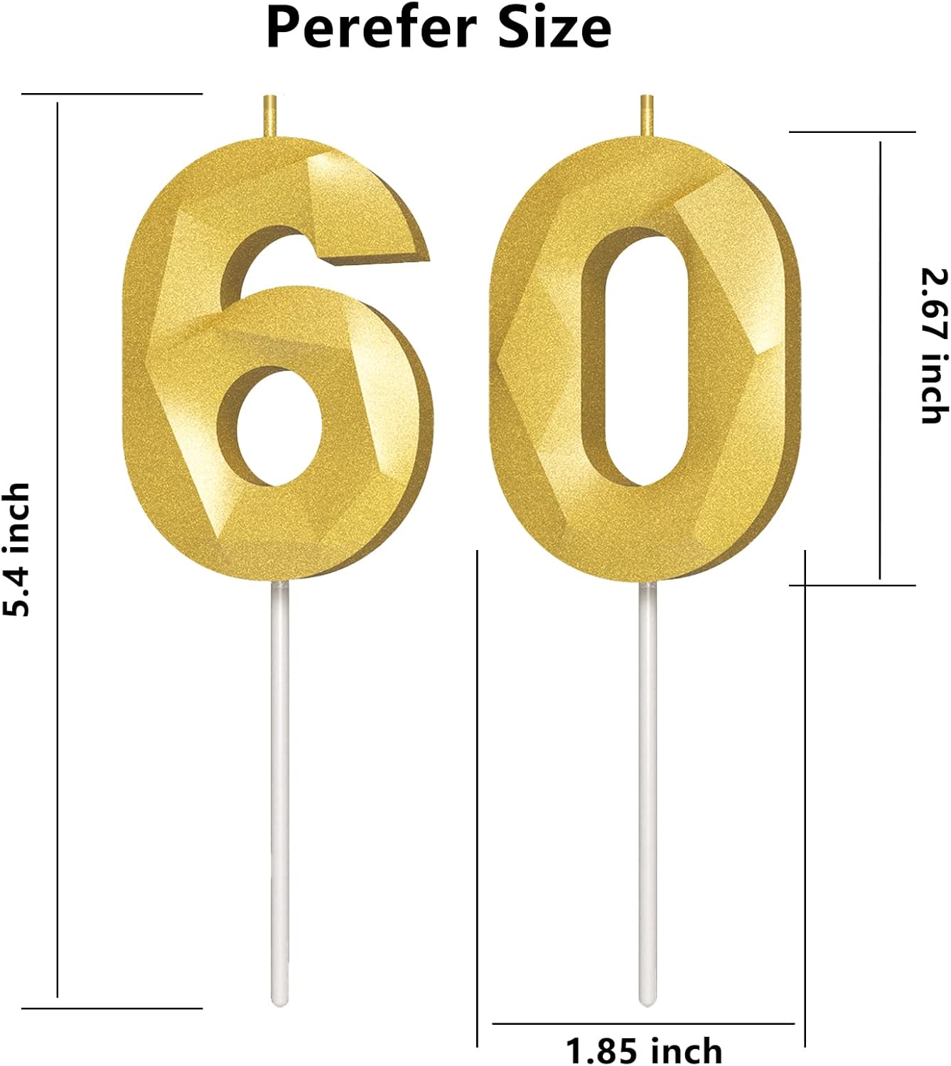 Number Birthday Candles(60 Candle Gold) 3D Diamond Shape Number Happy Birthday Cake Candles for Birthday Party Wedding Decoration Reunions Theme Party