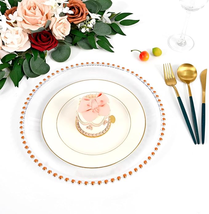 24 PCS Clear Round Charger Plates with Beaded Rim, 13 Inch Plastic Acrylic Plate, Plastic Round Beaded Dinner Decorative Service Plates for Wedding Party Event, Home Kitchen Tabletop(Orange)