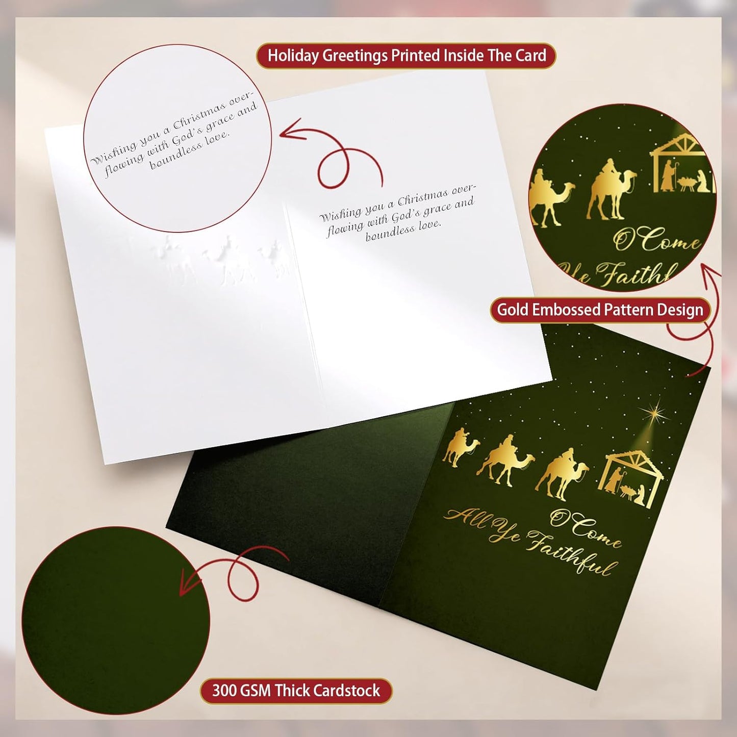 Christmas Cards with Envelopes and Stickers, 24 Pack Religious Christmas Cards, 4 Religious Designs Gold Foil Embossed Greeting Card for Xmas