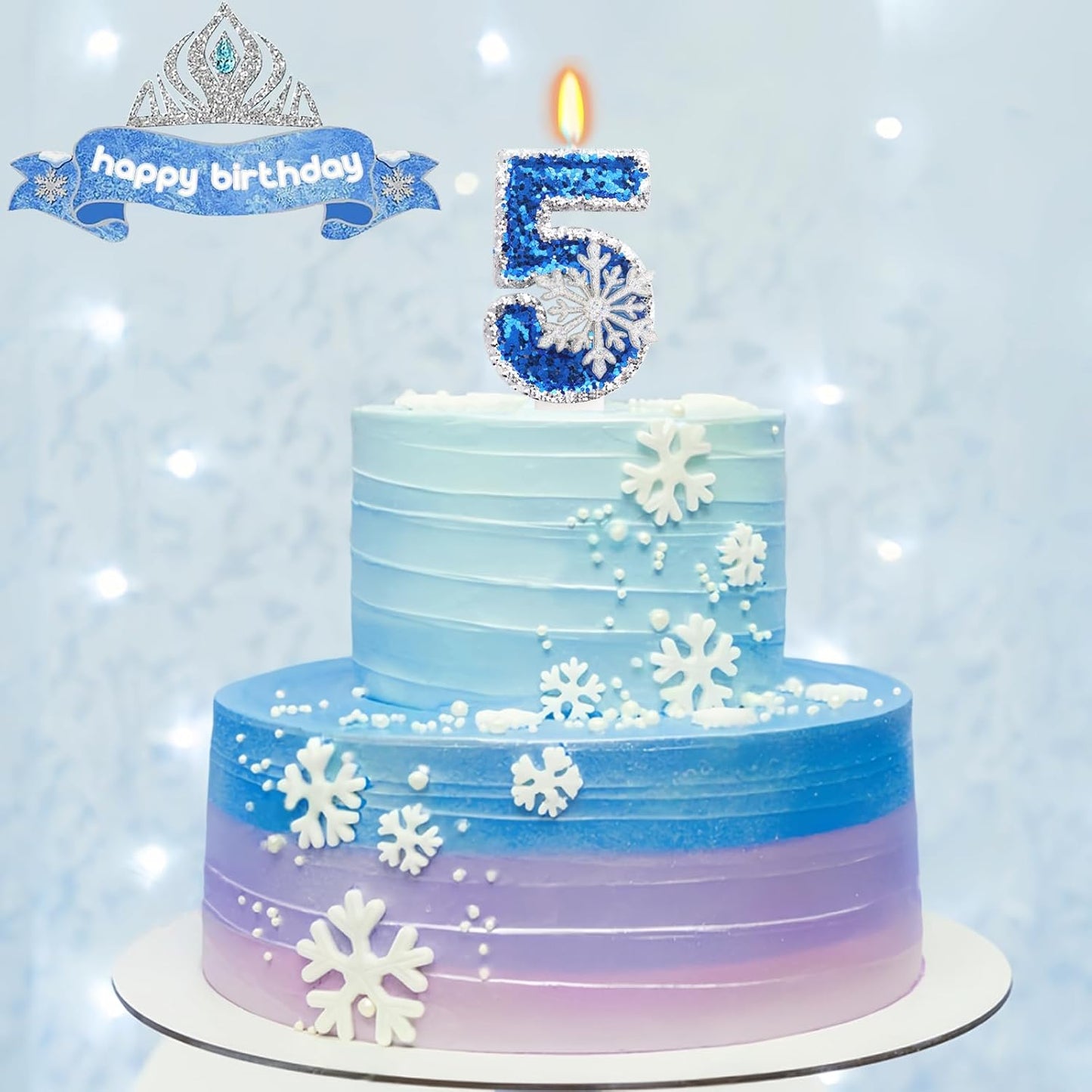 Frozen Themed Blue Birthday Candles, Snowflake Number 5 Candles for Kids Adults Birthday Party Supplies, 2.76 inch Glitter Cake Topper Decorations (Number 5)