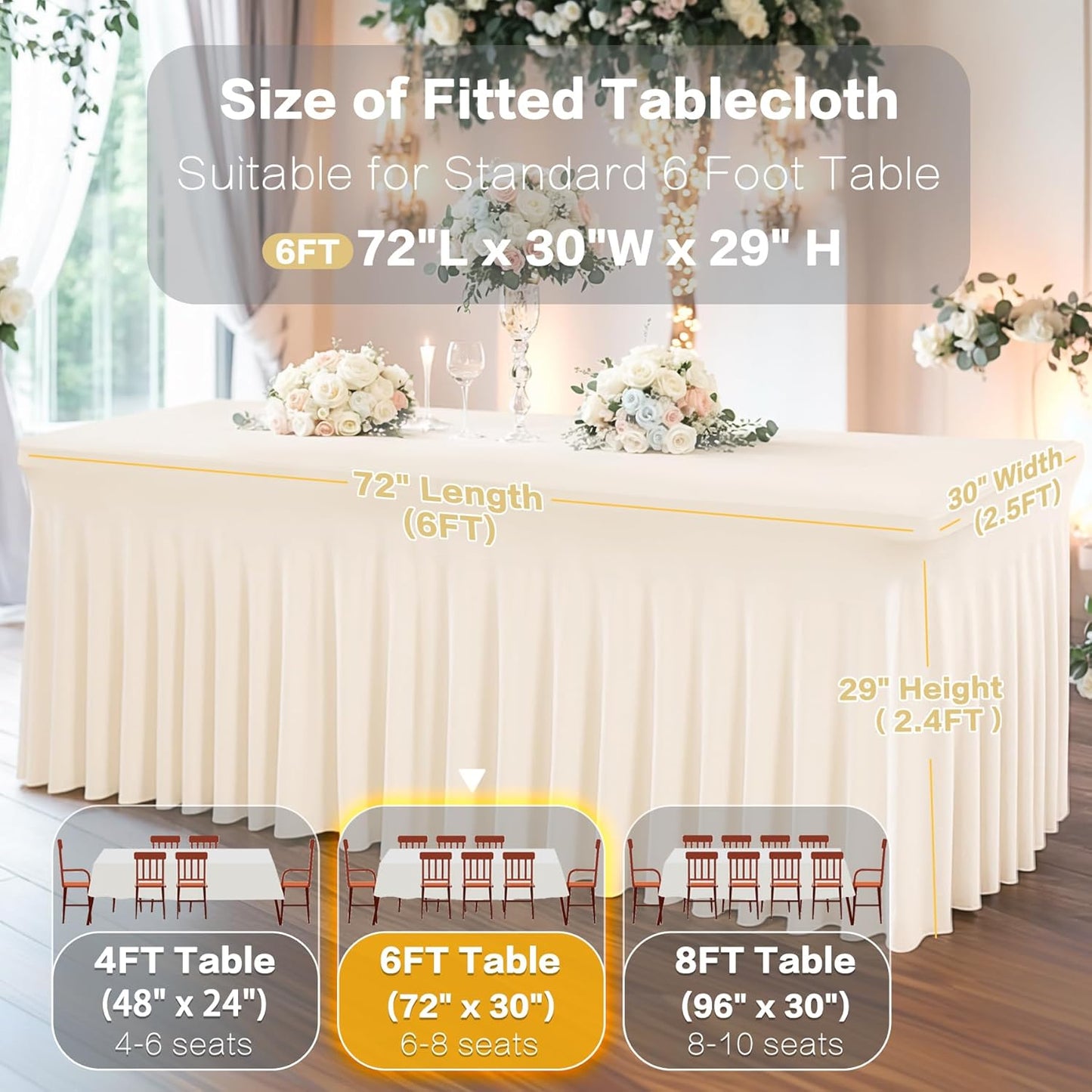 2 Packs Ivory Spandex Table Clothes for 6 Foot Rectangle Table, Spandex Table Covers 6FT Stretch Table Skirts Rectangle Tables Wrinkle Free Fitted Table Cover for Event, Wedding, Banquet & Parties