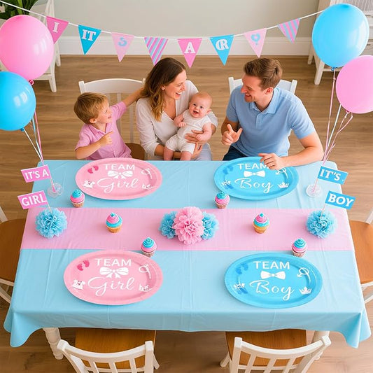 Grencian 50Pcs Gender Reveal Party Supplies 10" x 12" Large Heavy Duty Gender Reveal Oval Paper Plates Disposable Blue or Pink Boy or Girl Dessert Plates for Birthday Baby Shower Party Decor