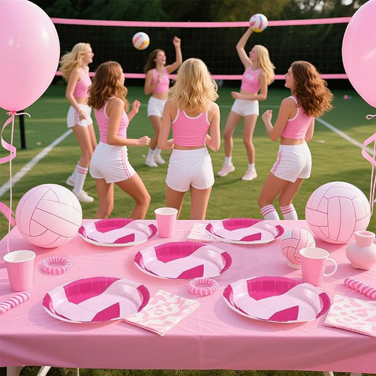 Grencian 50Pcs Pink Volleyball Party Supplies 10" x 12" Volleyball Oval Paper Plates Sport Birthday Party Disposable for Girls Ball Games Birthday Baby Shower Decorations