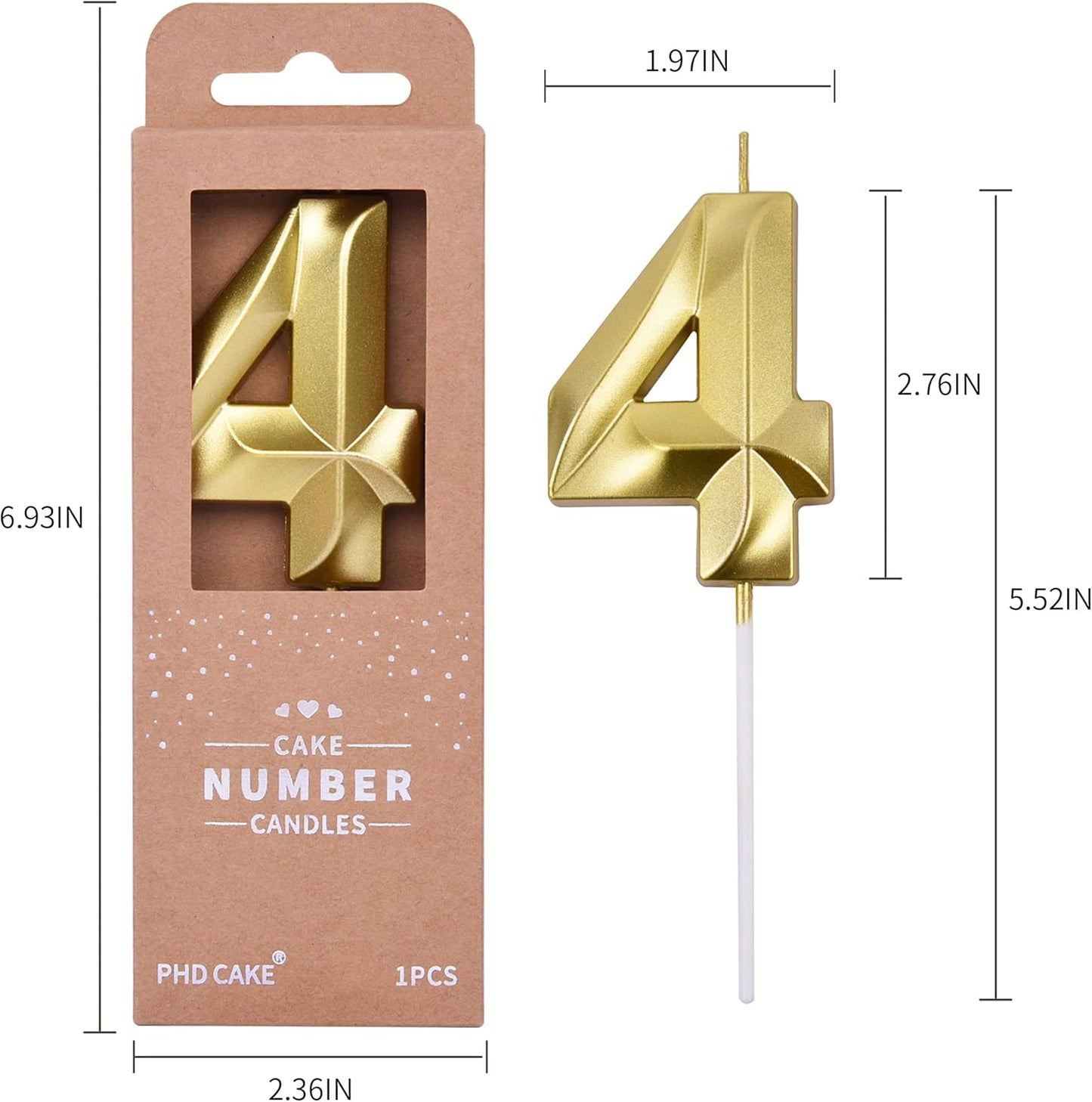 PHD CAKE 2.76 Inch Diamond Gold 4 Number Birthday Candles, Gold Number Candles, Cake Number Candles, Party Celebration